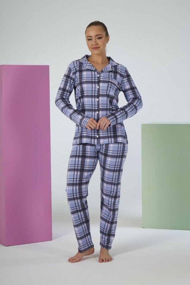 Kadın Kışlık Önden Düğmeli Kareli Penye Lycra Pijama Takımı Mavi