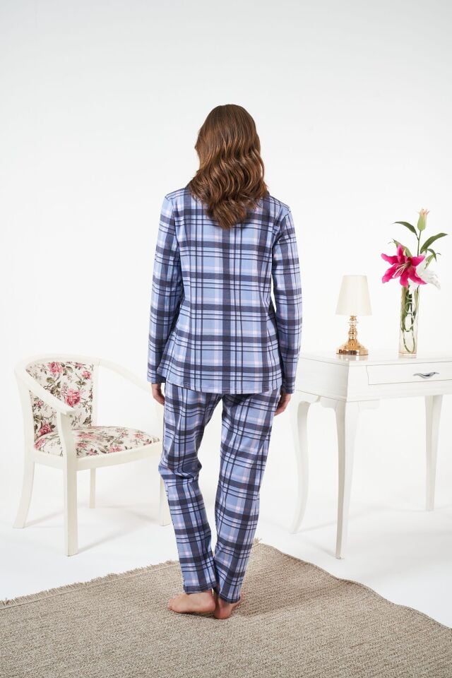 Kadın Kışlık Önden Düğmeli Kareli Penye Lycra Pijama Takımı Mavi