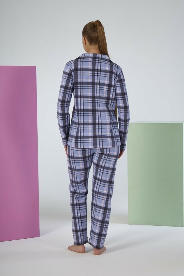 Kadın Kışlık Önden Düğmeli Kareli Penye Lycra Pijama Takımı Mavi
