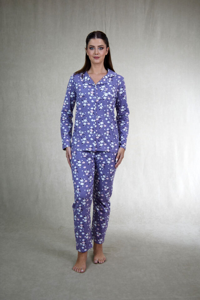 Kadın Kışlık Önden Düğmeli Çiçek Desenli Penye Lycra Pijama Takımı Mor