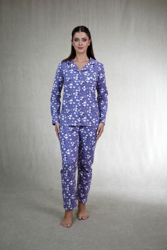 Kadın Kışlık Önden Düğmeli Çiçek Desenli Penye Lycra Pijama Takımı Mor