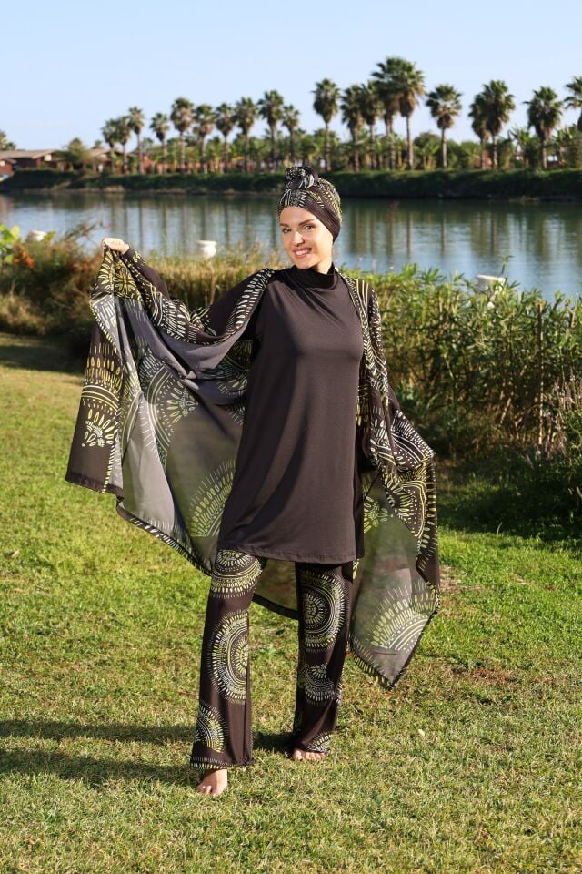 Estiva Mangala Desenli Kaftanlı Tam Kapalı Tesettür Mayo Siyah