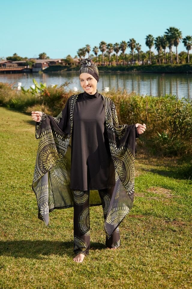 Estiva Mangala Desenli Kaftanlı Tam Kapalı Tesettür Mayo Siyah