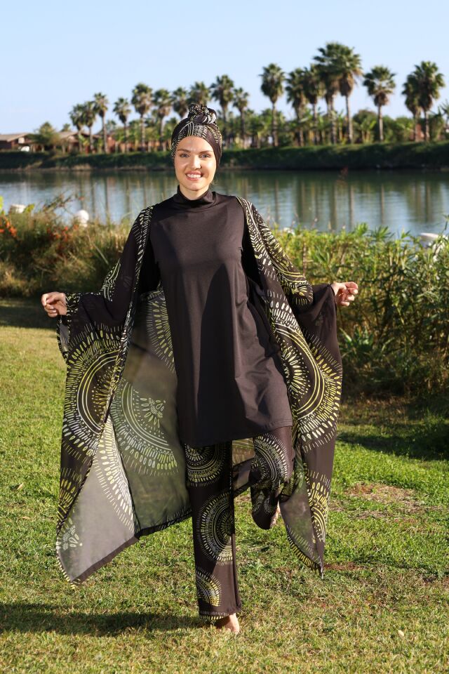 Estiva Mangala Desenli Kaftanlı Tam Kapalı Tesettür Mayo Siyah