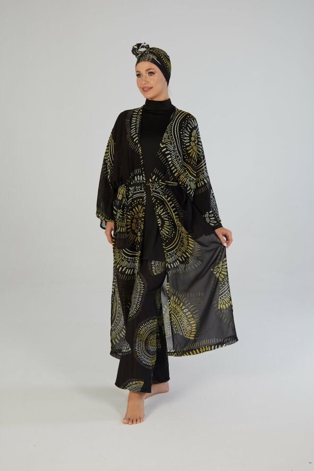 Estiva Mangala Desenli Kaftanlı Tam Kapalı Tesettür Mayo Siyah