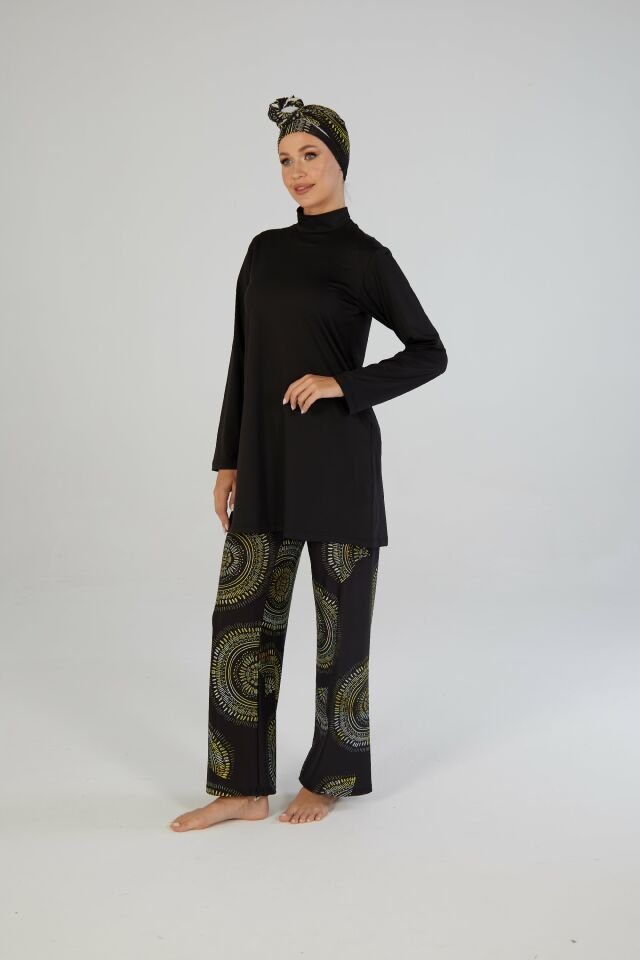Estiva Mangala Desenli Kaftanlı Tam Kapalı Tesettür Mayo Siyah