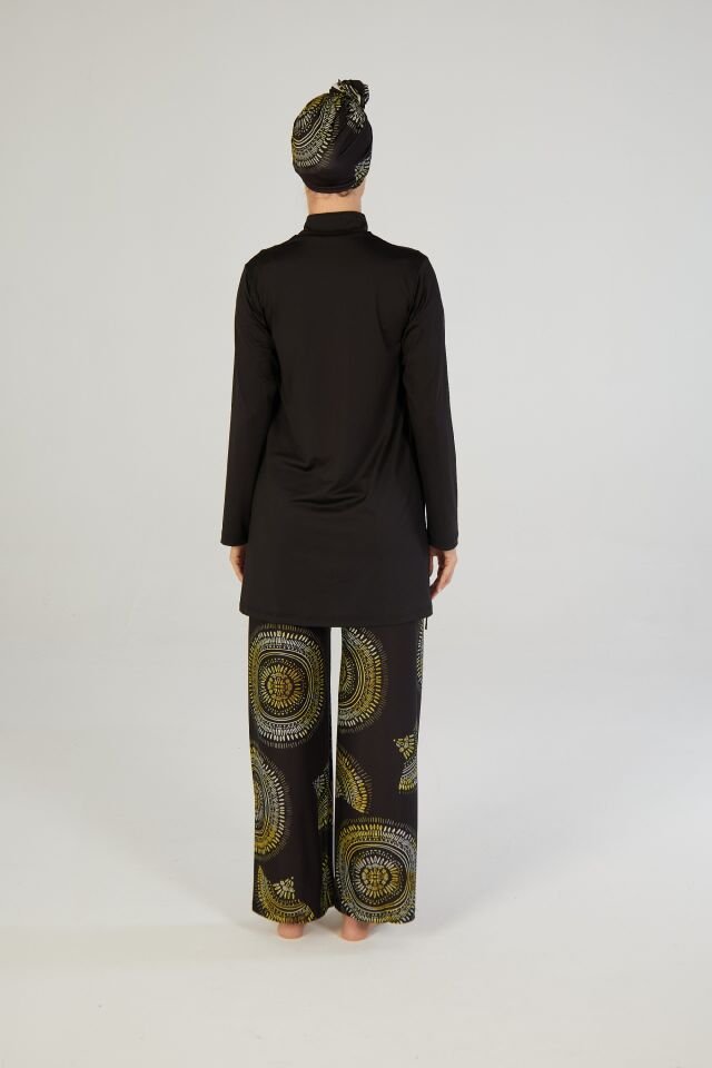 Estiva Mangala Desenli Kaftanlı Tam Kapalı Tesettür Mayo Siyah