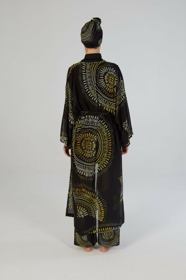 Estiva Mangala Desenli Kaftanlı Tam Kapalı Tesettür Mayo Siyah