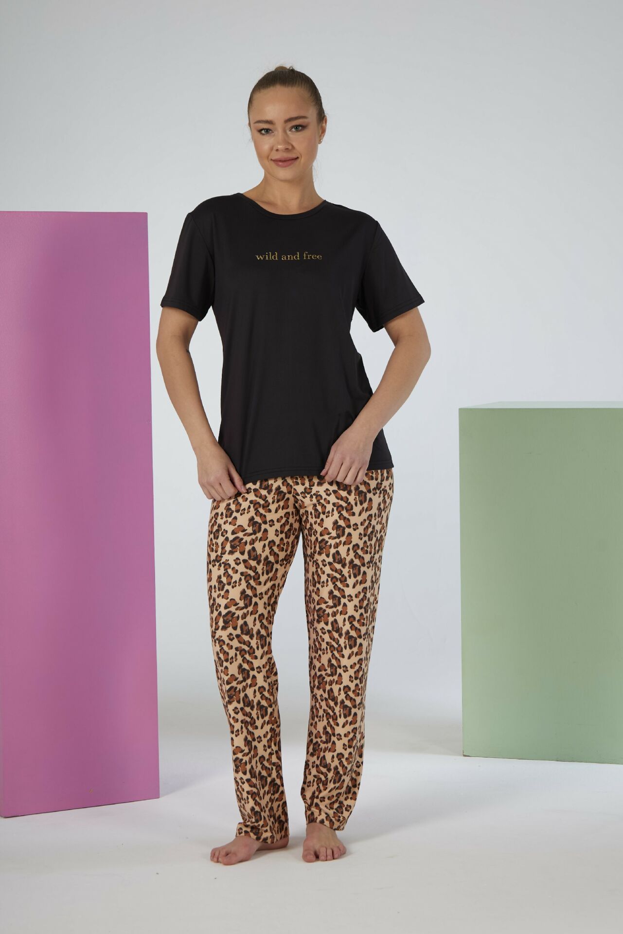 Kadın Yazlık Kaplan Desenli Kısa Kollu Marla Pijama Takımı - Siyah