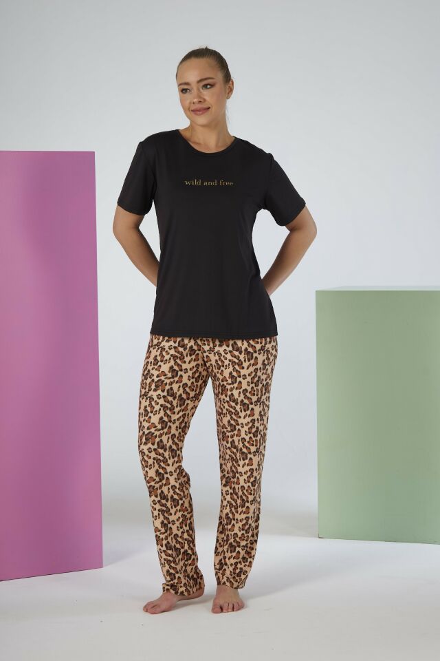 Kadın Yazlık Kaplan Desenli Kısa Kollu Marla Pijama Takımı - Siyah