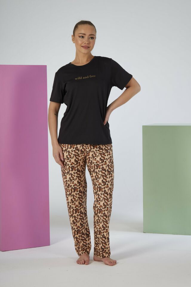 Kadın Yazlık Kaplan Desenli Kısa Kollu Marla Pijama Takımı - Siyah