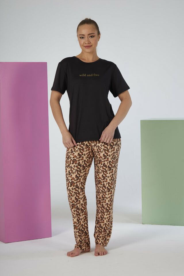 Kadın Yazlık Kaplan Desenli Kısa Kollu Marla Pijama Takımı - Siyah