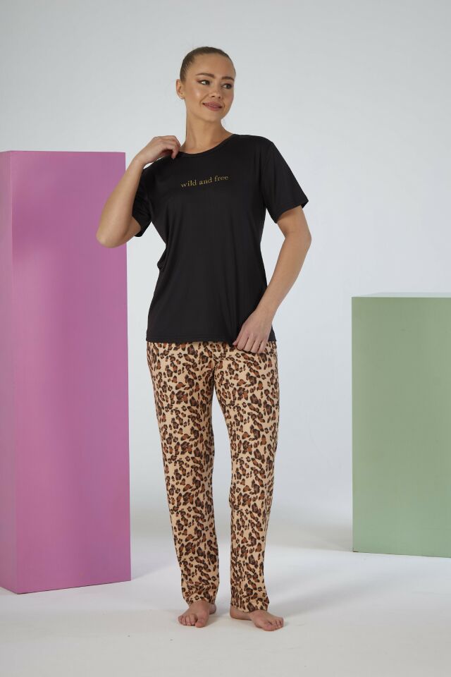Kadın Yazlık Kaplan Desenli Kısa Kollu Marla Pijama Takımı - Siyah