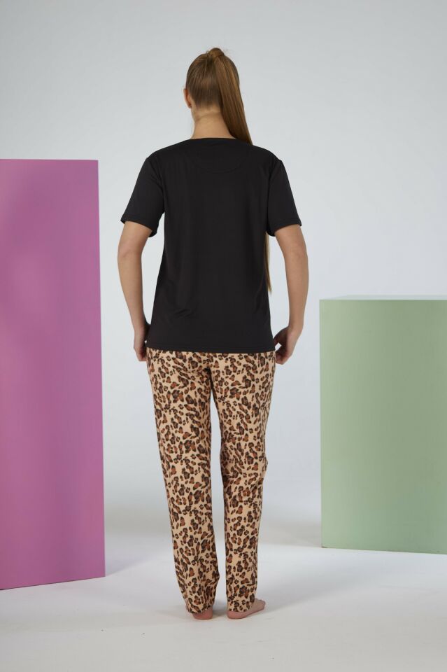 Kadın Yazlık Kaplan Desenli Kısa Kollu Marla Pijama Takımı - Siyah