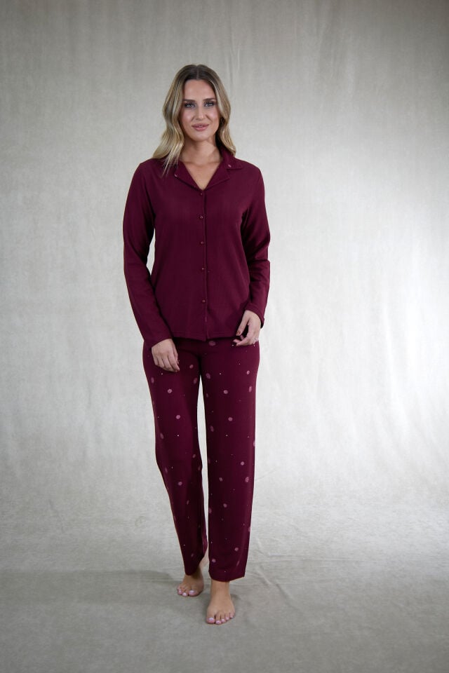 Estiva Kadın Puantiyeli Önden Düğmeli Waffle Kumaş Pijama Takımı alternatif görsel