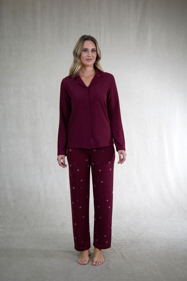 Estiva Kadın Puantiyeli Önden Düğmeli Waffle Kumaş Pijama Takımı M - Bordo