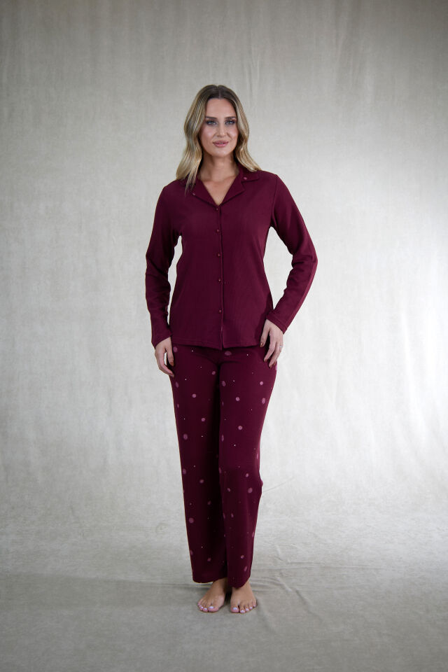 Estiva Kadın Puantiyeli Önden Düğmeli Waffle Kumaş Pijama Takımı M - Bordo