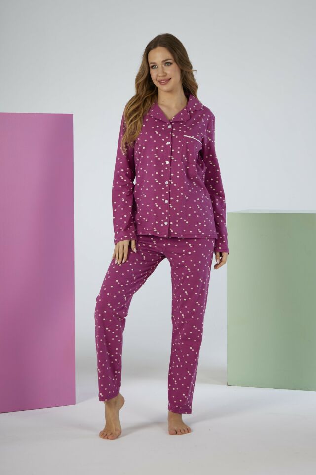 Kadın Kışlık Önden Düğmeli Puantiyeli Penye Lycra Pijama Takımı Fuşya