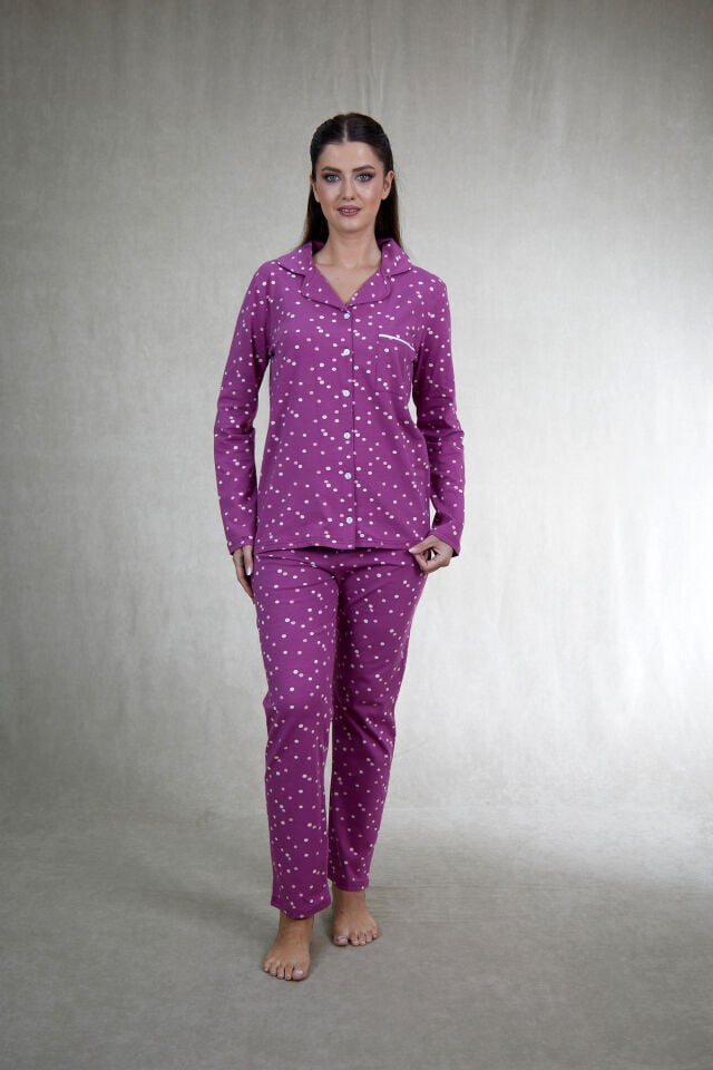 Kadın Kışlık Önden Düğmeli Puantiyeli Penye Lycra Pijama Takımı Fuşya