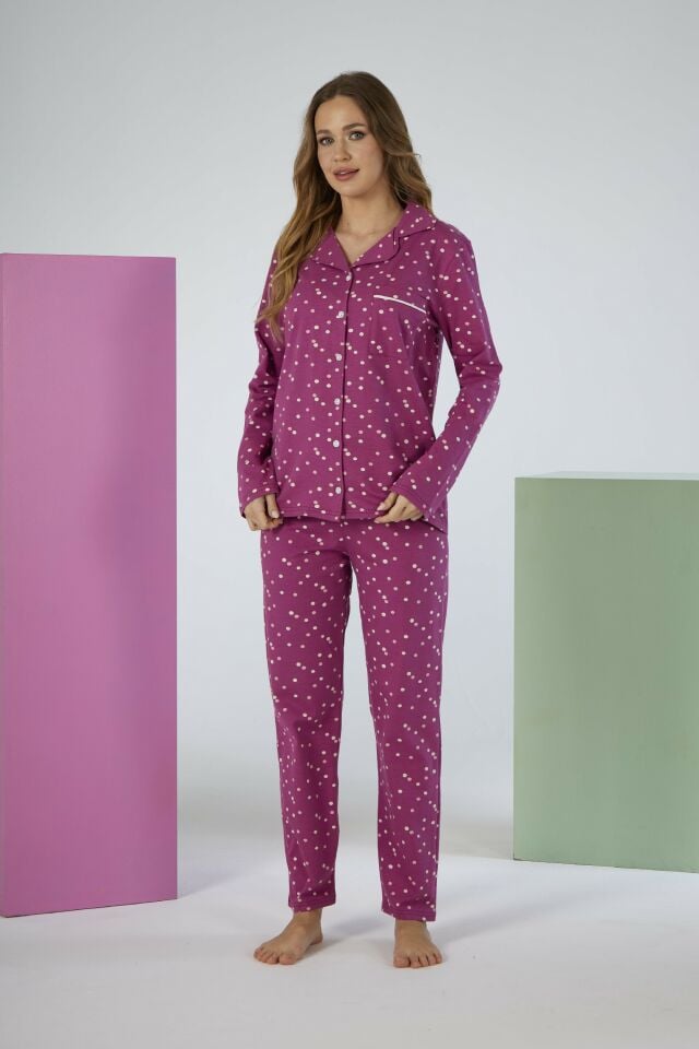 Kadın Kışlık Önden Düğmeli Puantiyeli Penye Lycra Pijama Takımı Fuşya