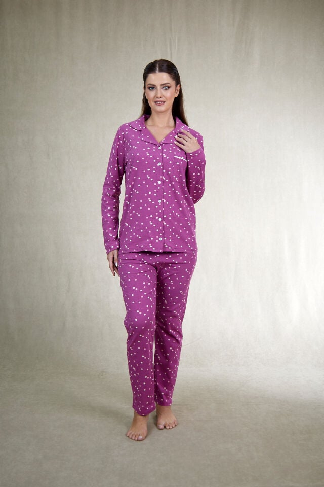 Kadın Kışlık Önden Düğmeli Puantiyeli Penye Lycra Pijama Takımı Fuşya alternatif görsel