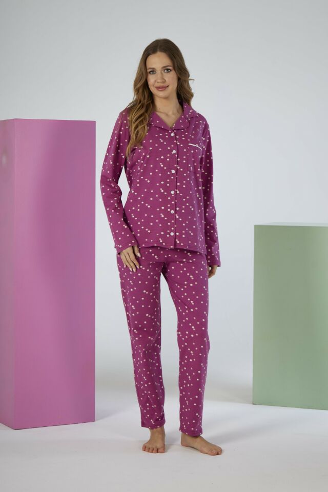 Kadın Kışlık Önden Düğmeli Puantiyeli Penye Lycra Pijama Takımı Fuşya