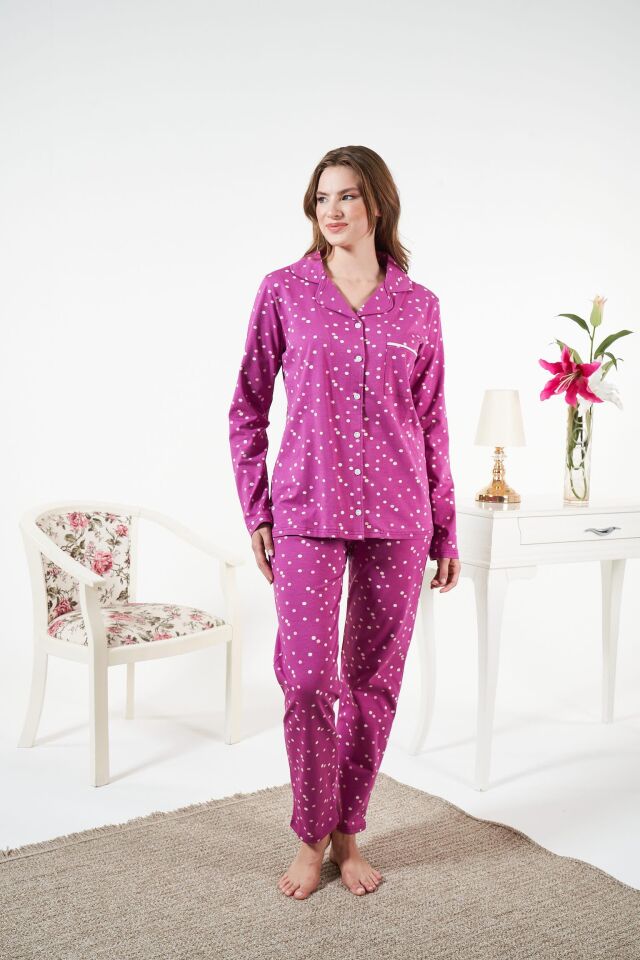 Kadın Kışlık Önden Düğmeli Puantiyeli Penye Lycra Pijama Takımı Fuşya