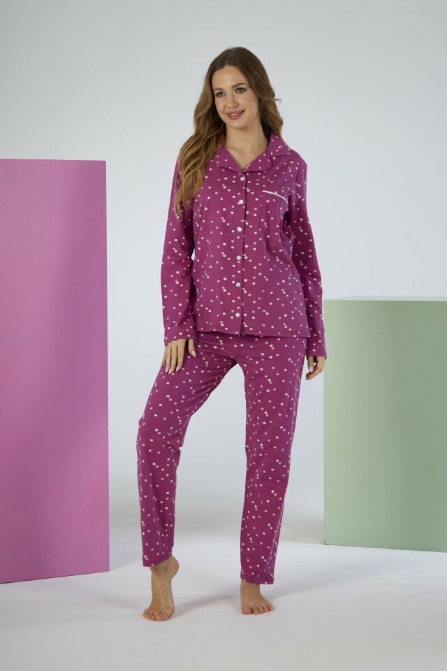 Kadın Kışlık Önden Düğmeli Puantiyeli Penye Lycra Pijama Takımı Fuşya