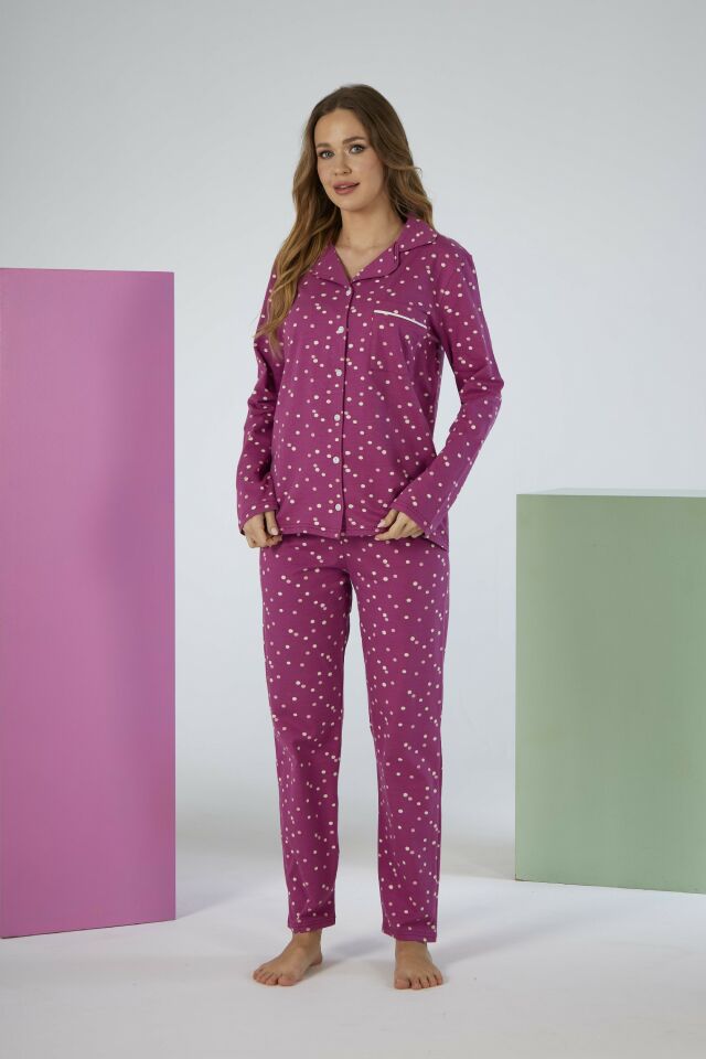 Kadın Kışlık Önden Düğmeli Puantiyeli Penye Lycra Pijama Takımı Fuşya