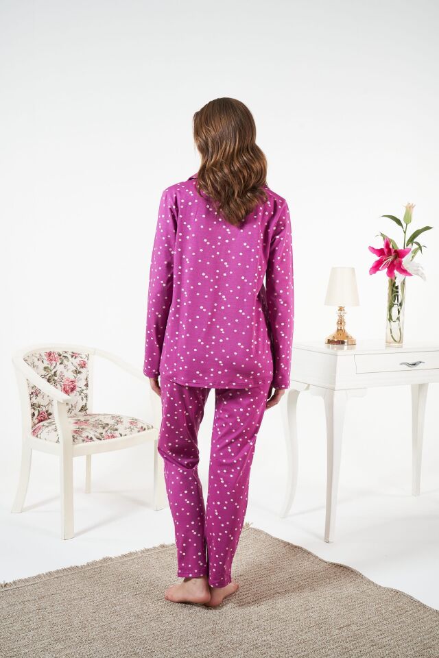 Kadın Kışlık Önden Düğmeli Puantiyeli Penye Lycra Pijama Takımı Fuşya