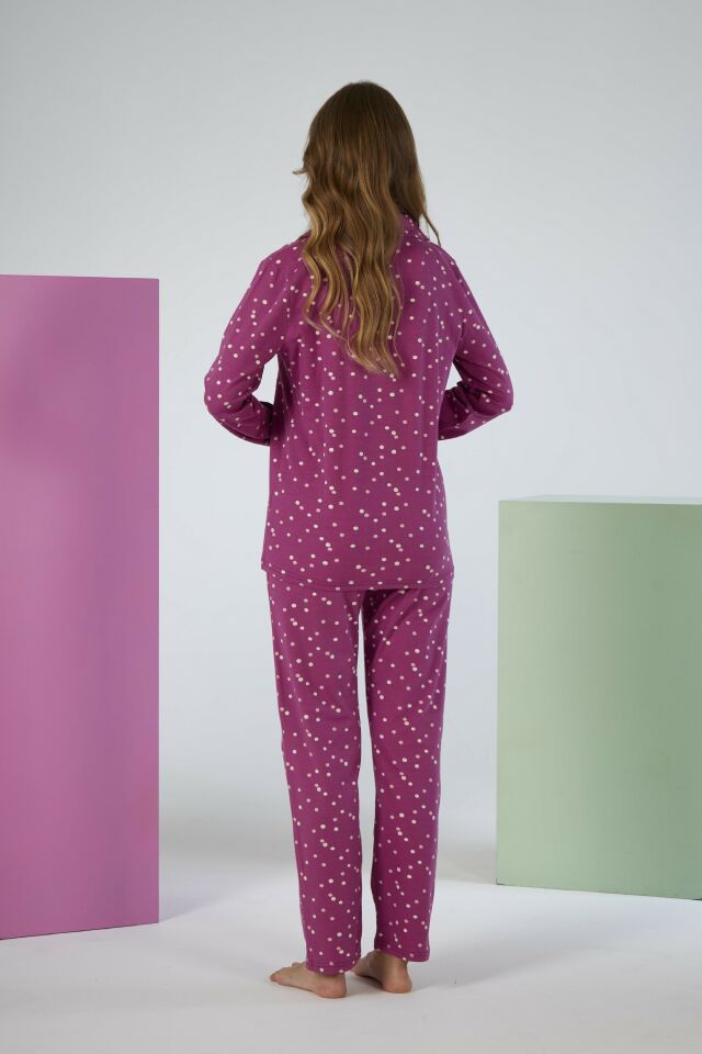 Kadın Kışlık Önden Düğmeli Puantiyeli Penye Lycra Pijama Takımı Fuşya