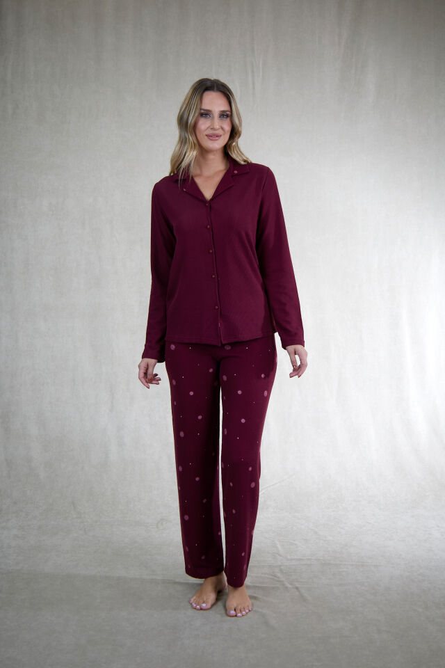 Estiva Kadın Puantiyeli Önden Düğmeli Waffle Kumaş Pijama Takımı XL - Bordo