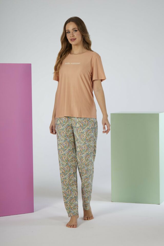 Kadın Yazlık Desenli Kısa Kollu Marla Pijama Takımı - Pudra