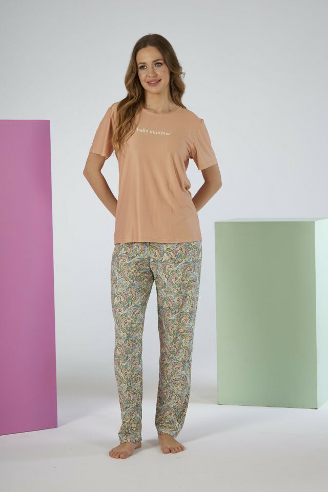 Kadın Yazlık Desenli Kısa Kollu Marla Pijama Takımı - Pudra