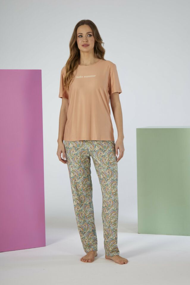 Kadın Yazlık Desenli Kısa Kollu Marla Pijama Takımı - Pudra