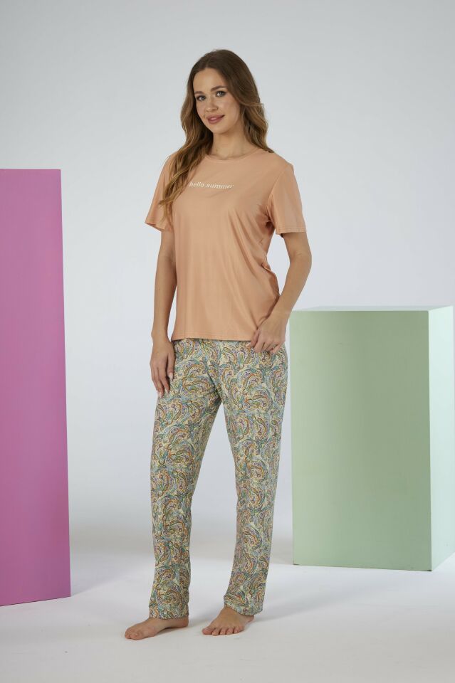Kadın Yazlık Desenli Kısa Kollu Marla Pijama Takımı - Pudra
