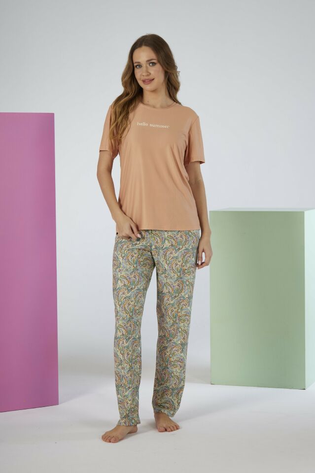 Kadın Yazlık Desenli Kısa Kollu Marla Pijama Takımı - Pudra