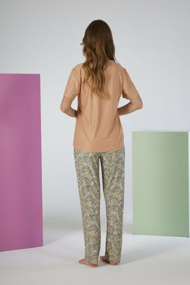 Kadın Yazlık Desenli Kısa Kollu Marla Pijama Takımı - Pudra