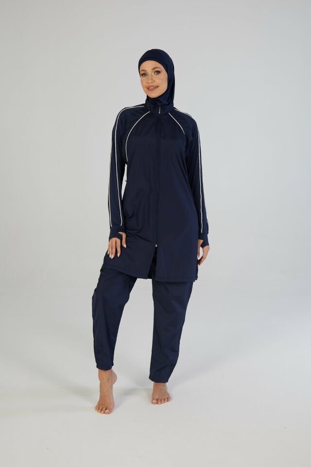 Estiva Tam Kapalı Fermuarlı Biyeli Eldiven Detaylı Tesettür Mayo