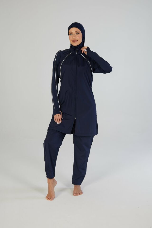 Estiva Tam Kapalı Fermuarlı Biyeli Eldiven Detaylı Tesettür Mayo