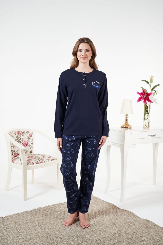 Kadın Kışlık Patlı Desenli Penye Lycra Pijama Takımı Lacivert