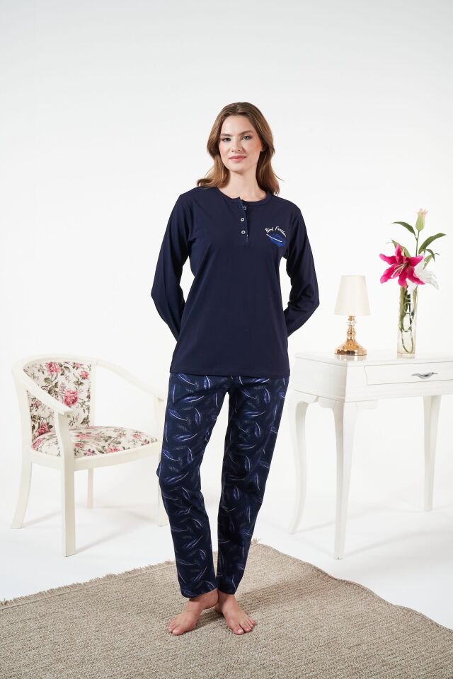 Kadın Kışlık Patlı Desenli Penye Lycra Pijama Takımı Lacivert