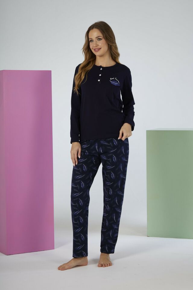 Kadın Kışlık Patlı Desenli Penye Lycra Pijama Takımı Lacivert