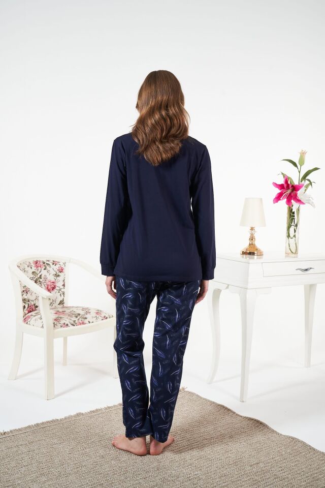 Kadın Kışlık Patlı Desenli Penye Lycra Pijama Takımı Lacivert