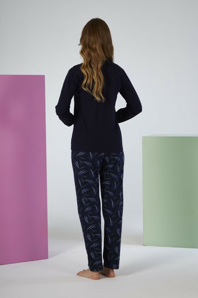 Kadın Kışlık Patlı Desenli Penye Lycra Pijama Takımı Lacivert