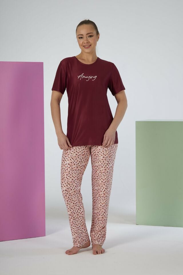 Kadın Yazlık Desenli Kısa Kollu Marla Pijama Takımı - Kırmızı