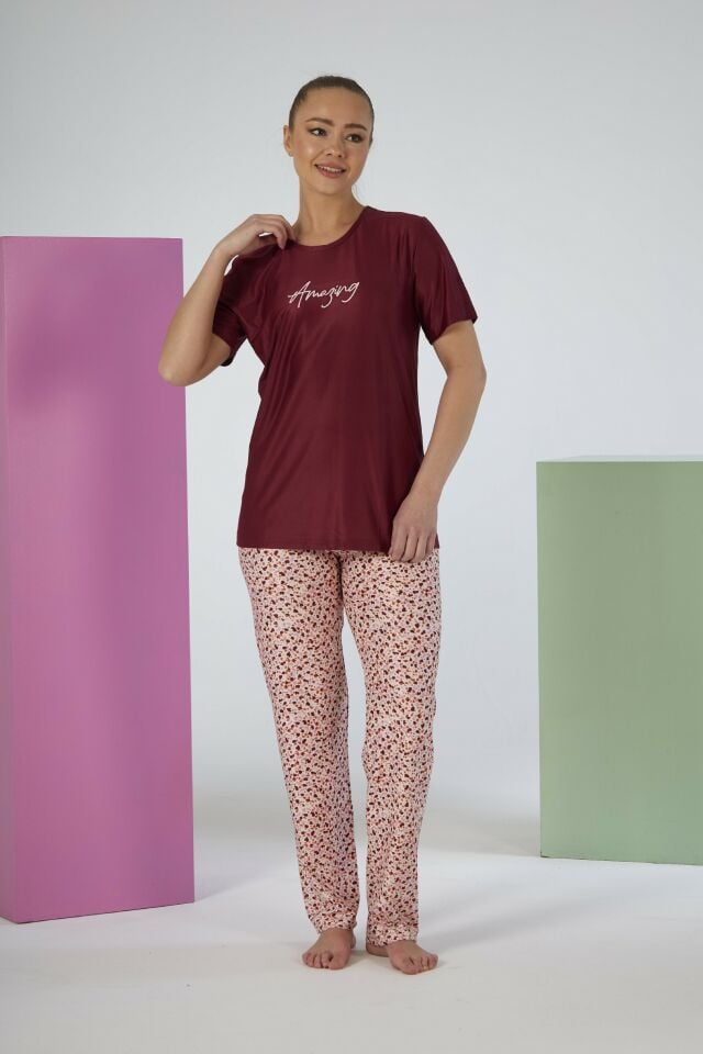 Kadın Yazlık Desenli Kısa Kollu Marla Pijama Takımı - Kırmızı alternatif görsel