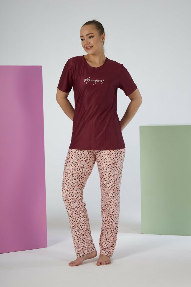 Kadın Yazlık Desenli Kısa Kollu Marla Pijama Takımı - Kırmızı