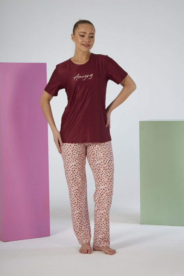 Kadın Yazlık Desenli Kısa Kollu Marla Pijama Takımı - Kırmızı