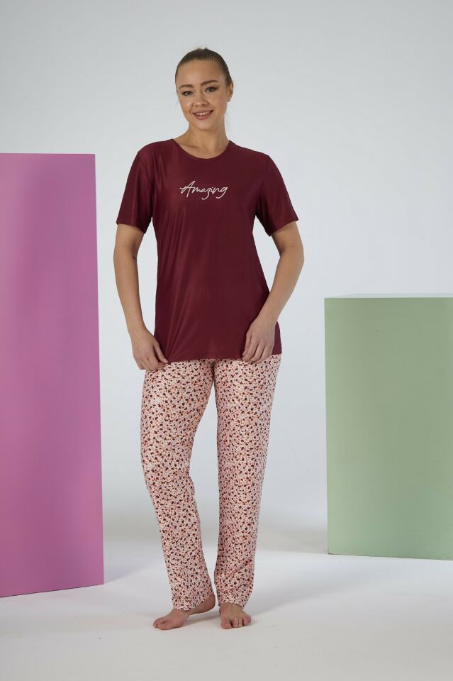 Kadın Yazlık Desenli Kısa Kollu Marla Pijama Takımı - Kırmızı